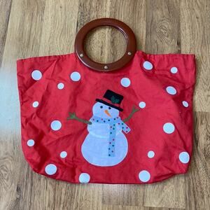 Handbag Red Tote Snowman Applique Round Handles Riveted Bag Polka Dots EUC OS
